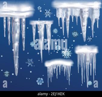 Realistische Eiszapfen Fragmente Sammlung auf dunkelblau verschneiten Winter Hintergrund Mit abstrakt gezeichneten Schneeflocken Vektor-Illustration Stock Vektor