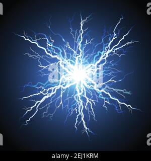 Elektrischer Blitz Hell leuchtende Starburst Atmosphäre Phänomen am Nachthimmel Blauer dekorativer Hintergrund realistische Bild Vektor Illustration Stock Vektor