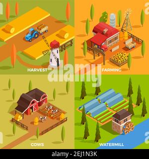 Bauernhof ländliche Gebäude Wassermühle Haustiere und landwirtschaftliche Geräte 2x2 Design Concept 3D isometrische isolierte Vektordarstellung Stock Vektor