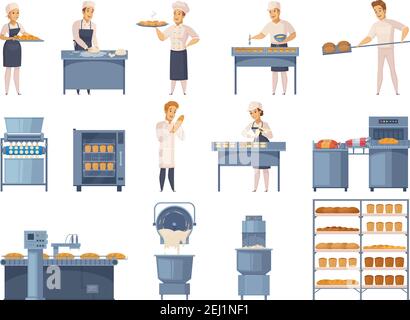Bäckerei Satz von Cartoon-Ikonen mit Fabrikarbeitern, Industrieanlagen, Mehl Produkte auf Regalen isoliert Vektor-Illustration Stock Vektor
