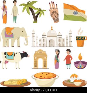 Indien orthogonale isolierte Ikonen mit Gerichten der nationalen Küche gesetzt Ethnische Symbole historische Wahrzeichen flache Vektor-Illustration Stock Vektor