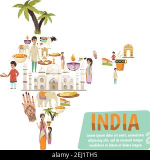 Abstrakte indien-Karte, bestehend aus dekorativen Ikonen, die berühmte nationale beschreiben Wahrzeichen und Traditionen flache Vektor-Illustration Stock Vektor