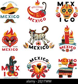 Tag der Toten mexikanischen Nationalfeiertag Symbole Embleme bunte Symbole Set mit Schädel Chili Kaktus isoliert Vektor-Illustration Stock Vektor