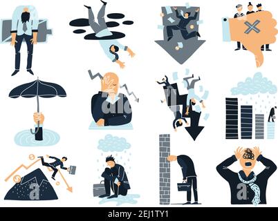 Business Failure Flat Icons Sammlung mit Daumen nach unten fallen aus Berg Ertrinken und verringern Symbole isoliert Vektor-Illustration Stock Vektor