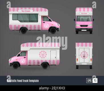 Food Trucks realistische Anzeige Vorlage Design Zusammensetzung von vier isoliert Ansichten von lila Eis LKW Vektor-Illustration Stock Vektor