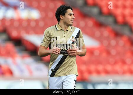 Doncaster, Großbritannien. Februar 2021, 20th. Reece James #3 von Doncaster Rovers während des Spiels in Doncaster, UK am 2/20/2021. (Foto von Mark Cosgrove/News Images/Sipa USA) Quelle: SIPA USA/Alamy Live News Stockfoto