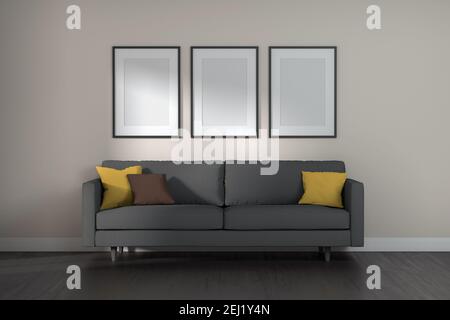Mockup Rahmen in minimalem Wohnzimmer Innenhintergrund. 3D Rendern. Stockfoto