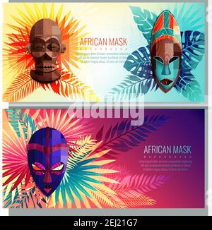 Afrikanische horizontale Banner mit bunten Bildern von ethnischen festlichen gesetzt Masken und Blätter mit editierbarer Text-Vektor-Illustration Stock Vektor