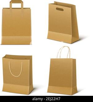 Set mit vier leeren Einkaufstaschen aus braunem Papier Im realistischen Stil isolierte Vektordarstellung Stock Vektor