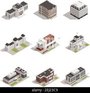 Moderne und historische repräsentative Regierung Gebäude architektonische Denkmäler im Freien isometrische Ansicht Symbole Sammlung isolierte Vektor-Illustration Stock Vektor