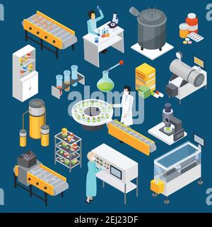 Moderne pharmazeutische Industrie Arzneimittelherstellung isometrische Ikonen Sammlung mit wissenschaftlichen Forschungs- und Fertigungseinrichtungen isoliert Vektor-Illust Stock Vektor