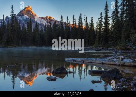 Heiterer Herbstaufgang, warmes orangefarbenes Licht, das auf dem Berggipfel mit Schnee in einem kalten Morgen glüht, Reflexionen auf stillem Wasser eines kleinen Teiches, Kanada Stockfoto