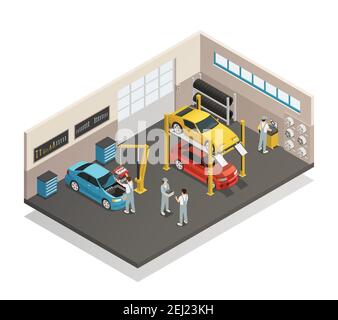 Auto-Reparatur Wartung Autoservice-Center Garage isometrische Ansicht Innenraum mit Mechanik Tests hob Fahrzeuge Vektor-Illustration Stock Vektor