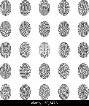Satz von Symbolen mit schwarz weißen eindeutigen Fingerabdrücken von verschiedenen Kurve Linien und Flecken isolierte Vektordarstellung Stock Vektor