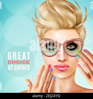 Modell Gesicht Nagellack Hintergrund mit menschlichen Charakter der Frau Modell mit Form und polieren Maniküre Vektor Illustration Stock Vektor