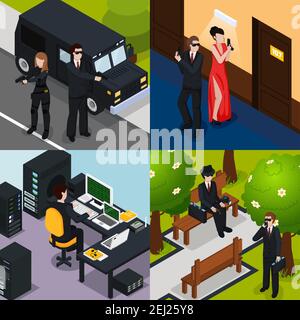 Spezialmittel isometrisches Konzept mit Aktion im Hotel, Schutz, Spion auf der Bank, professionelle Ausrüstung isoliert Vektor Illustration Stock Vektor
