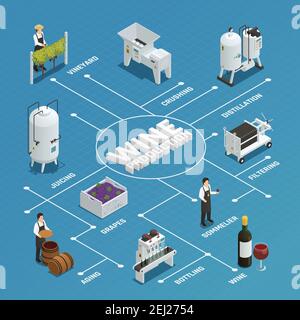 Weinherstellung Prozess isometrische Flussdiagramm mit Trauben Zerkleinerung Destillation Filterung Abfüllung Entsaften Alterungselemente Vektorgrafik Stock Vektor