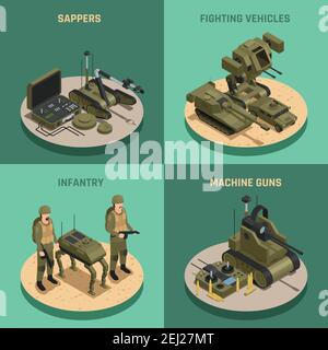 Kampfroboter 2x2 Design-Konzept Satz von Infanterie-Sapper kämpfen Fahrzeuge und Maschinengewehre quadratische Kompositionen isometrische Vektor-Illustration Stock Vektor