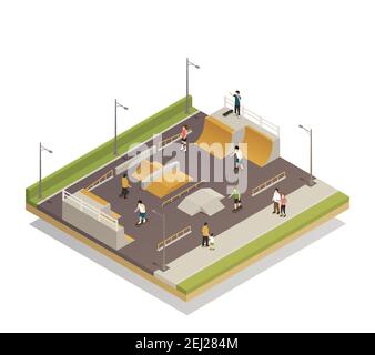 Eco Reiten Sport Boden isometrische Zusammensetzung mit technischen Einrichtungen für Roller und Skateboard Training Vektor Illustration Stock Vektor