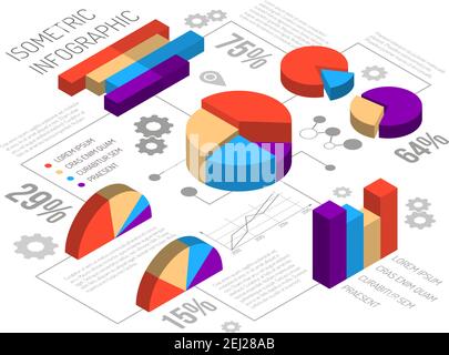 Isometrische Infografiken Design-Vorlage mit umständlichen kreisförmigen Grafiken bearbeitbaren Text Prozentwerte und Vektorgrafik für graue Zahnradpiktogramme Stock Vektor