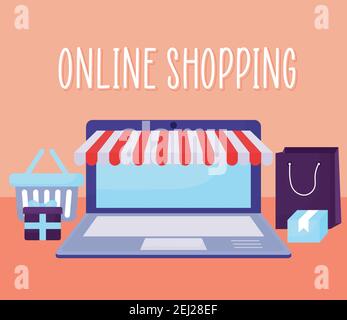 Online-Shopping-Schriftzug und Satz von Online-Shop-Symbole Stock Vektor