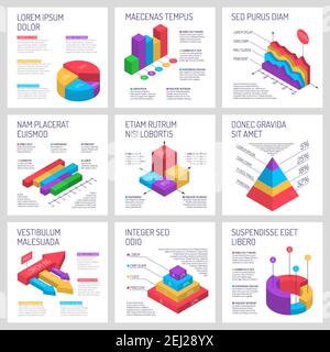 Isometrische Diagramme Infografiken Banner Sammlung mit Kompositionen von Text und Neun isolierte bunte dreidimensionale Grafiken Vektor-Illustration Stock Vektor