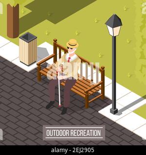 Isometrische blinde Menschen Hintergrund mit alten Mann in Brillen und hut mit Stick sitzt auf Parkbank Vektor-Illustration Stock Vektor