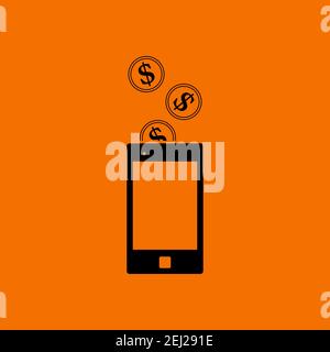 Goldene Münzen Fallen In Smartphone-Symbol. Schwarz auf orangefarbenem Hintergrund. Vektorgrafik. Stock Vektor