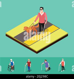 Isometrische blinde Menschen Hintergrund mit menschlichen Charakteren von Sehbehinderungen Menschen zu Fuß auf Cord taktile Pflasterung Vektor Illustration Stock Vektor