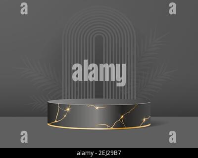 Produktpodium in schwarzem Hintergrund mit Kintsugi-Effekt. Abstrakte minimale Szene zu Präsentation oder Show-Kosmetik. Vector realistische Plattform. 3D Rendern Stock Vektor