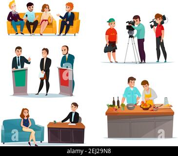 Cartoon-Set mit Teilnehmern in verschiedenen Talkshow isoliert auf Vektorgrafik mit weißem Hintergrund Stock Vektor