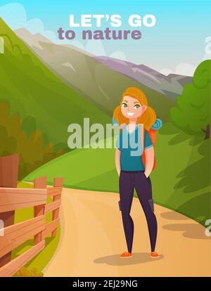 Happy girl Wandern in den Bergen und führenden gesunden Lebensstil Cartoon vektorgrafik Stock Vektor