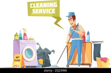 Reinigung Service Design Zusammensetzung mit Mann Waschboden von nass Mopp und Sprays und reinigungsmittel in Wohnung Innenraum flachen Vektor Abbildung Stock Vektor