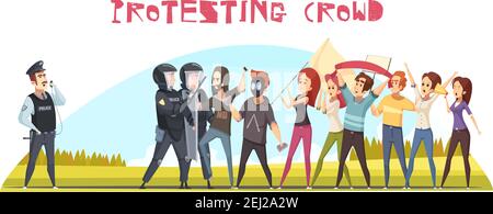 Protestierende Menschenmenge Plakat mit Wachen der Ordnung und Gruppe von Junge Menschen demonstrieren emotionalen Protest Cartoon Vektor Illustration Stock Vektor