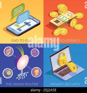 Datenverschlüsselung Cyber Security isometrisches 2x2-Designkonzept mit End-to-End Vektorgrafik für Verschlüsselung und Privatsphäre-Piktogramme Stock Vektor