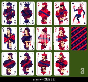 Poker Spielkarten mit hohen Karten von vier Farben Auf grünem Hintergrund isolierte Vektorgrafik Stock Vektor