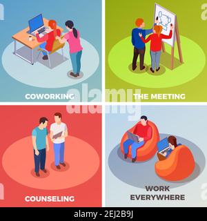 Coworking People isometrisches 2x2 Designkonzept mit Kompositionen von Menschen Zeichen im Coworking Space mit Textunterschriften Vektorgrafik Stock Vektor
