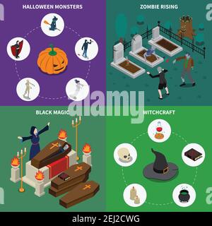 Isometrisches Monster halloween Icon Set mit Zombie steigenden schwarzen Magie Hexerei Beschreibungen Vektor Illustration Stock Vektor