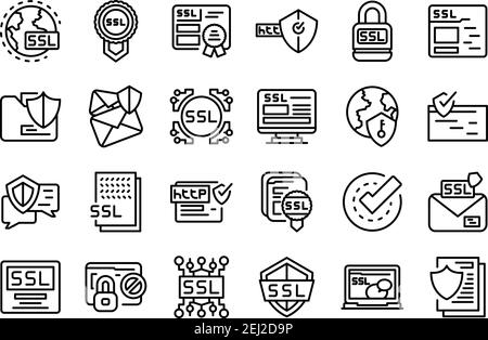 SSL-Zertifikatsymbole festgelegt. Skizzieren Sie einen Satz von SSL-Zertifikatvektorsymbolen für das Web-Design, isoliert auf weißem Hintergrund Stock Vektor