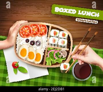 Lunchbox mit asiatischem Essen auf grünem Tuch und weiblich Hände mit Essstäbchen und Rollenvektor Illustration Stock Vektor