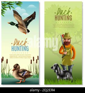 Ente Jagd vertikale Banner einschließlich Mann mit Schrotflinte und Hund, Vögel auf Natur Hintergrund isoliert Vektor-Illustration Stock Vektor