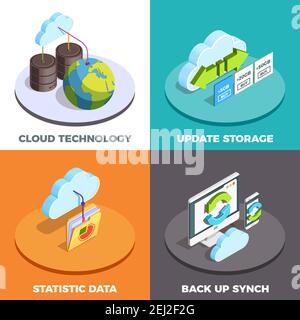 Cloud Computing Service Concept 4 isometrische Symbole quadratisch mit Speicher Aktualisierung und Datenstatistik isolierte Vektordarstellung Stock Vektor