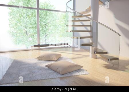 Wohnzimmereinrichtung - sehr sonnig, Wendeltreppe, weißer Teppich auf dem Boden mit zwei Kissen - 3D Abbildung Stockfoto