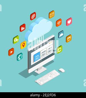 Cloud-Computing-Service-Konzept für Speichernetzwerke Server-Anwendungen isometrisch Komposition mit Monitor und Apps Symbole Vektor illustratio Stock Vektor