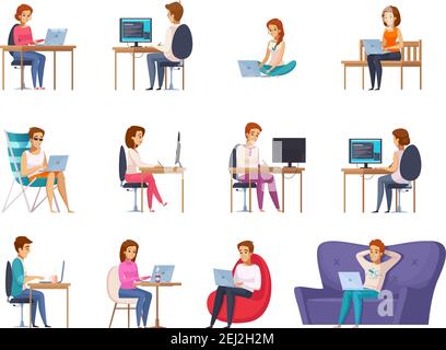 Designer-Künstler-Set mit Laptop-Sofa und Tisch flach isoliert vektorgrafik Stock Vektor
