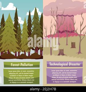 Menschengemachte Katastrophen 2 vertikale orthogonale Banner mit Waldverschmutzung Und technische Gefahrenabtrennungsvektordarstellung Stock Vektor