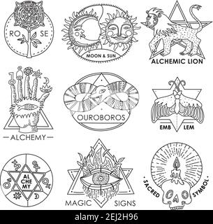 Magische Embleme monochromes handgezeichnetes Set mit heiligen Symbolen Alchemie Schilder ouroboros verschlingt seinen Schwanz isoliert Vektor-Illustration Stock Vektor