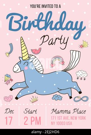 Geburtstagsparty Einladungskarte im handgezeichneten Stil mit Magie unicorn und Datumsvektor Illustration Stock Vektor