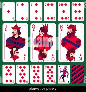 Set von Poker-Spielkarten von Diamant-Anzug plus Joker Und spielen Karte wieder auf grünem Hintergrund isoliert Vektor-Illustration Stock Vektor