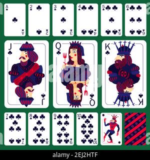 Poker Spielkarten Club Anzug auf grün gelegt Tabelle isolierte Vektordarstellung Stock Vektor